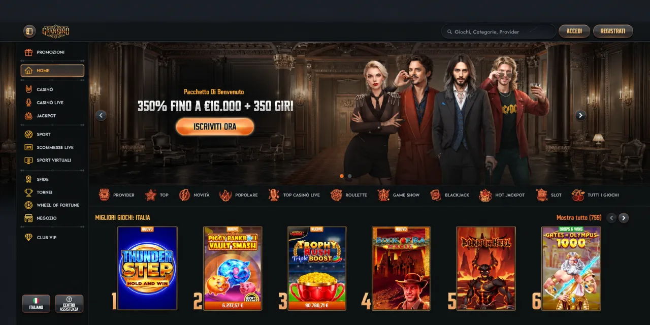 Gransino Casino pacchetto di benvenuto fino a 16000 euro e migliori giochi Italia