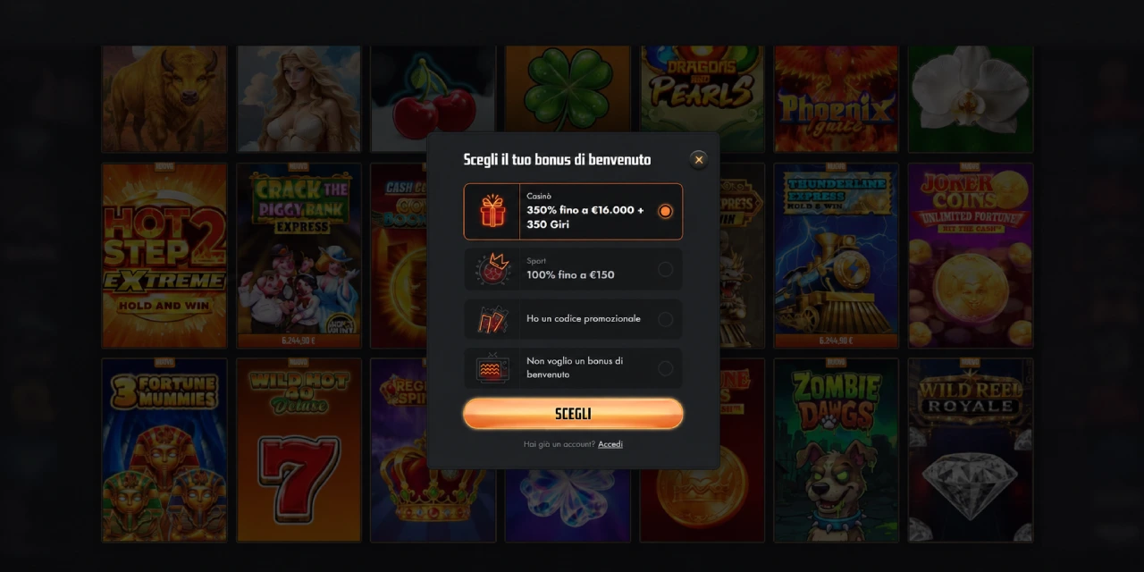 Gransino Casino registrazione scelta bonus di benvenuto Italia